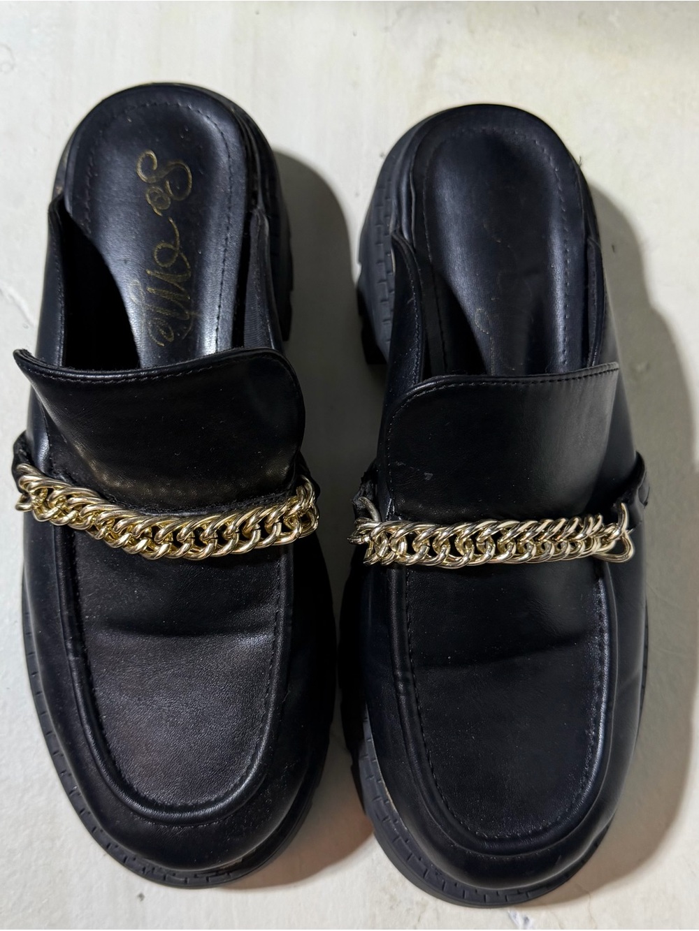 Black Slip-On Loafers with Gold Chain Accent